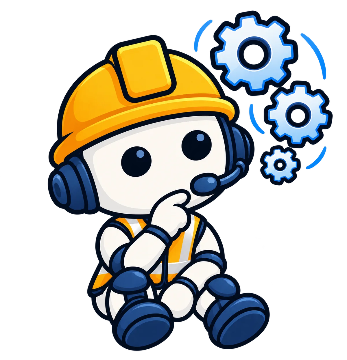 The CallCrew mascot thinking, with gears turning above its head